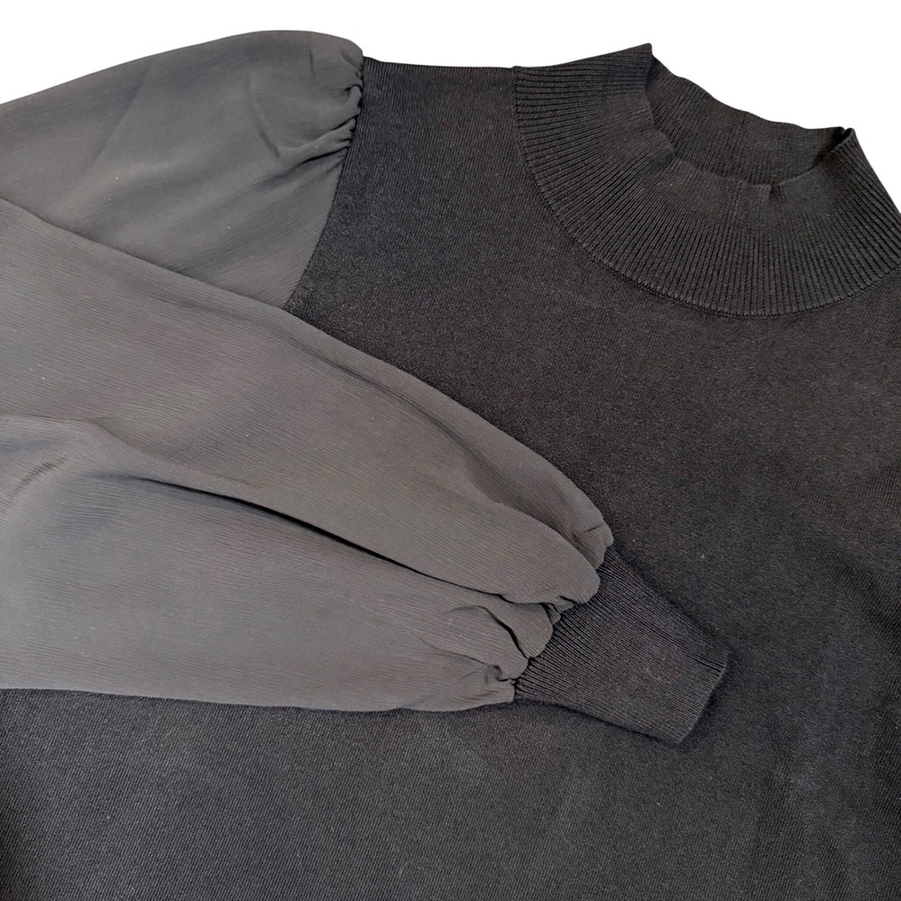Saks Fifth Avenue Black Knit‎ Mock Neck Top Sheer Chiffon Bishop Sleeves Medium
